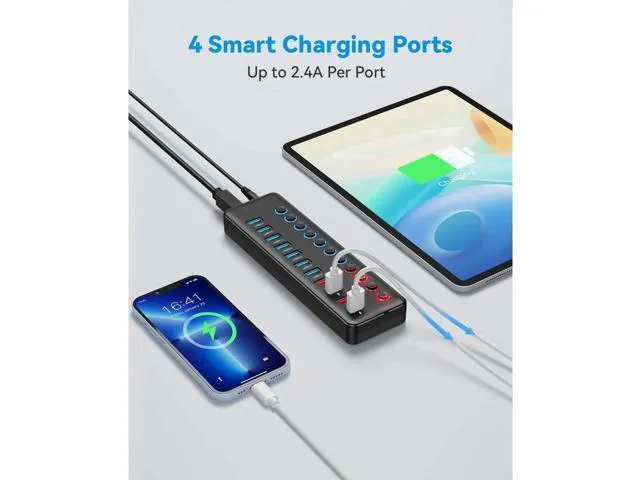 Alt view image 6 of 7 - 11Ports USB Hub 7 Ports Super High Speed Data Ports and 4 Smart Charging Ports USB 3.0 Hub Splitter Black Smart Fast Charger Powered USB Hub for Laptop, Mac PC Mobile HDD Mulitple Devices