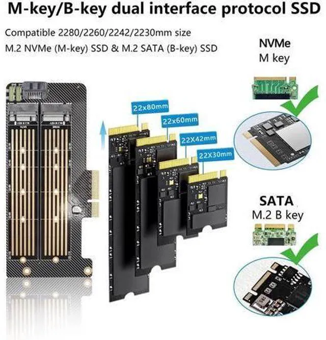 Main image of M.2 NVMe SSD to PCIe Adapter Card,M.2 NVME(M-Key) +SATA (B-Key) SSD PCIe 3.0 x4 x8 x16 Controller Expansion Card for 2230 2242 2260 2280 22110 Size M.2 SSD