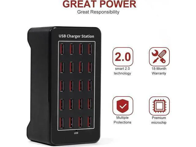 Alt view image 2 of 7 - Multiple Chargers USB Charging Station, 20-Port 100W 20A Desktop USB Charging Station for Hotels, Schools, Shops, Shopping malls and Travel - Black
