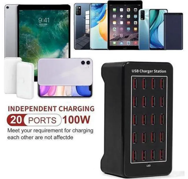 Alt view image 5 of 7 - Multiple Chargers USB Charging Station, 20-Port 100W 20A Desktop USB Charging Station for Hotels, Schools, Shops, Shopping malls and Travel - Black
