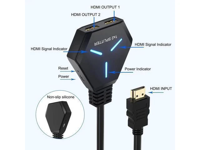 Alt view image 6 of 7 - HDMI Splitter, HDMI Splitter for Dual Monitors Duplicate/Mirror (Not Extend), 4K HDMI Splitter 1 in 2 Out for Full HD 4K@30hz, 1080P, 3D, Compatible with Xbox, PS4, PS5, TV, Projector, Computer