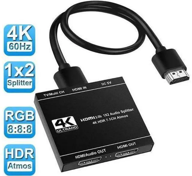 Main image of HDMI Splitter 1 in 2 Out, HDMI Splitter 1x2 Power 4K HDMI Splitter with HDMI Audio Output, 4K@60Hz Dual Monitors Duplicate/Mirror for PS4 Fire Stick HDTV