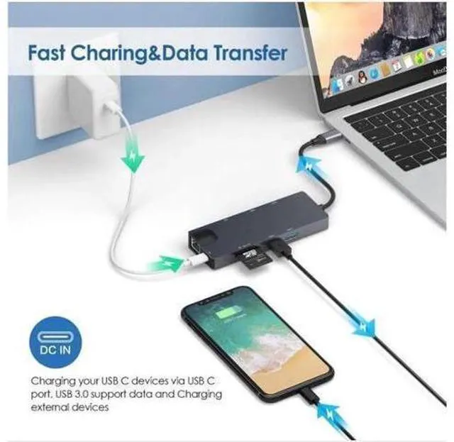 Alt view image 7 of 7 - Updated Version USB C Hub, 8 in 1 USB C Adapter with Ethernet RJ45, 4K USB C to HDMI, VGA, 2*USB3.0, SD/TF Card Reader,PD Charge Port for MacBook/MacBook Pro
