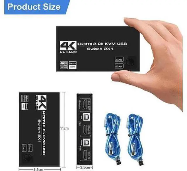 Alt view image 2 of 7 - HDMI KVM Switch, 4K@60Hz USB Switch 2x1 HDMI2.0 Ports + 3X USB KVM Ports, Share 2 Computers to one Monitor, Support Wireless Keyboard and Mouse, USB Disk, Printer, USB Camera (Included 2 USB Cable)