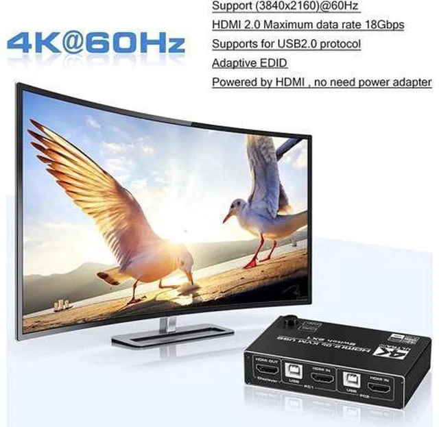 Alt view image 3 of 7 - HDMI KVM Switch, 4K@60Hz USB Switch 2x1 HDMI2.0 Ports + 3X USB KVM Ports, Share 2 Computers to one Monitor, Support Wireless Keyboard and Mouse, USB Disk, Printer, USB Camera (Included 2 USB Cable)