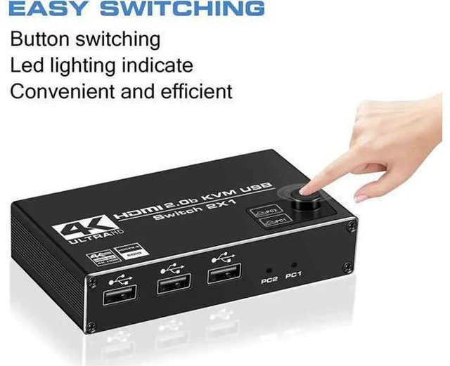Alt view image 7 of 7 - HDMI KVM Switch, 4K@60Hz USB Switch 2x1 HDMI2.0 Ports + 3X USB KVM Ports, Share 2 Computers to one Monitor, Support Wireless Keyboard and Mouse, USB Disk, Printer, USB Camera (Included 2 USB Cable)