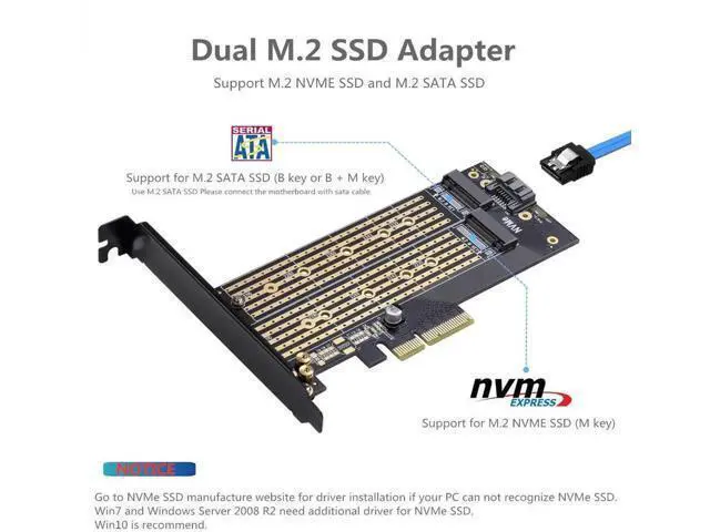 Alt view image 4 of 7 - Dual M.2 PCIE Adapter for SATA or PCIE NVMe SSD with Advanced Heat Sink Solution,M.2 SSD NVME (m Key) and SATA (b Key) 22110 2280 2260 2242 2230 to PCI-e x 4 Host Controller Expansion Card