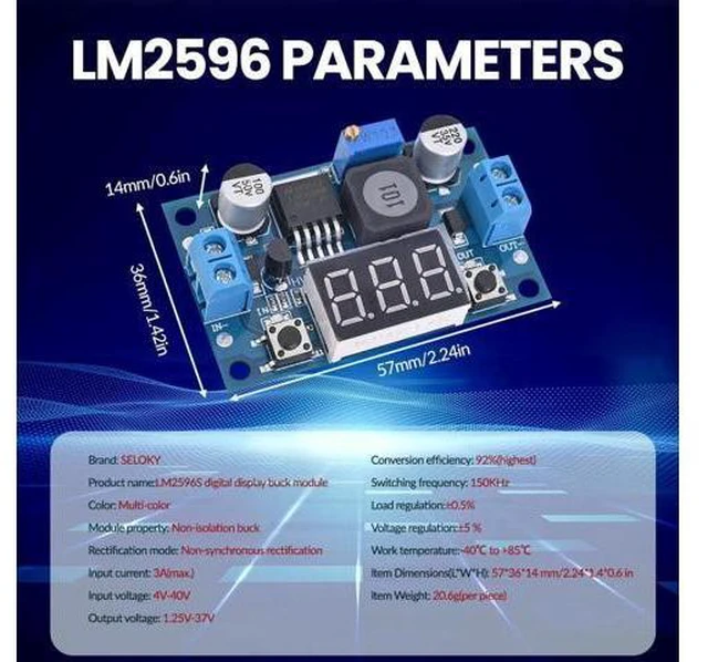 Alt view image 2 of 7 - LM2596 Adjustable DC-DC Step-Down Buck Converter Module with LED Voltmeter Display, Voltage Regulator 4.0-40V Input to 1.25-37V Output Power Supply Module (Pack of 2)