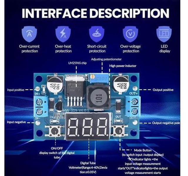 Alt view image 7 of 7 - LM2596 Adjustable DC-DC Step-Down Buck Converter Module with LED Voltmeter Display, Voltage Regulator 4.0-40V Input to 1.25-37V Output Power Supply Module (Pack of 2)