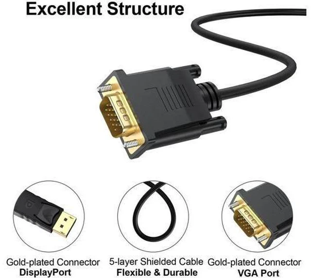 Alt view image 2 of 7 - DisplayPort to VGA Cable 3 Ft, 2-Pack Display Port DP to VGA Adapter Cord Male to Male HD Video 1080P for Computer, Monitor, TV, Projectorr