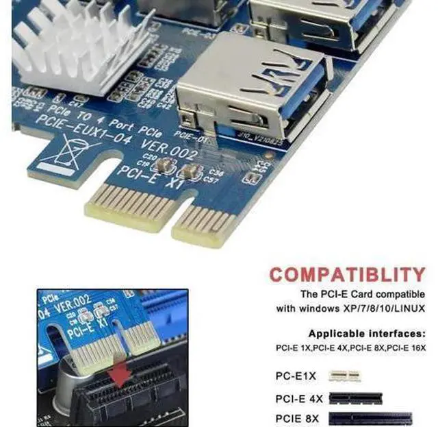 Alt view image 6 of 7 - BGNing 1 to 4 PCI Express 16X Slots Riser Card PCI-E 1X to External 4 PCI-E Slot Adapter PCIe Multiplier Card USB 3.0 Mining Special Riser Card for Bitcoin Miner