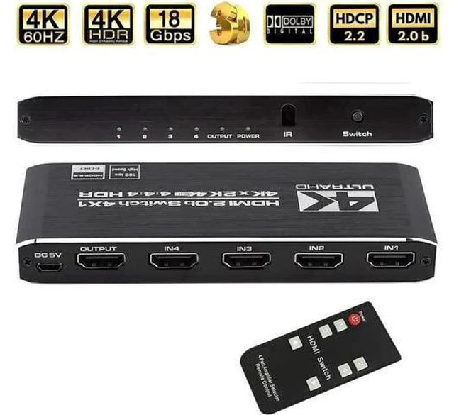 Alt view image 6 of 7 - 4K HDMI Switch 4x1, 4 Port HDMI Selector Switcher 4 in 1 Out with IR Remote Control Support 4K@60Hz, 4Kx2K, HDR, HDMI 2.0b, HDCP 2.2, 3D, 1080P