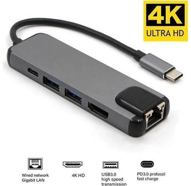 Main image of USB C Hub Multiport Adapter- 5 in 1 Portable Space Aluminum Dongle with 4K HDMI Output, 2 USB 3.0 Ports, Gigabit Ethernet, 100W Power Delivery, Adapter for MacBook Pro, XPS More Type C Devices
