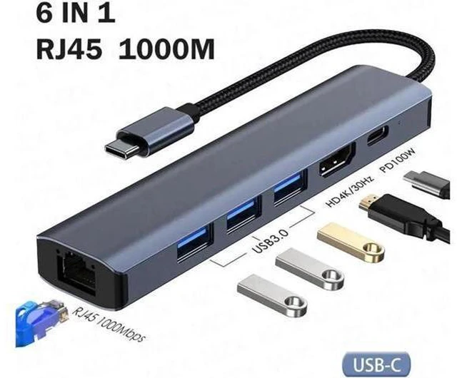 Main image of USB-C to Ethernet Hub Adapter, Portable 6 in 1 Multiport Hub with 4K HDMI, 3*USB3.0, 100W PD, Gigabit Ethernet for MacBook Pro/Air 2022/2021, iMac, iPad