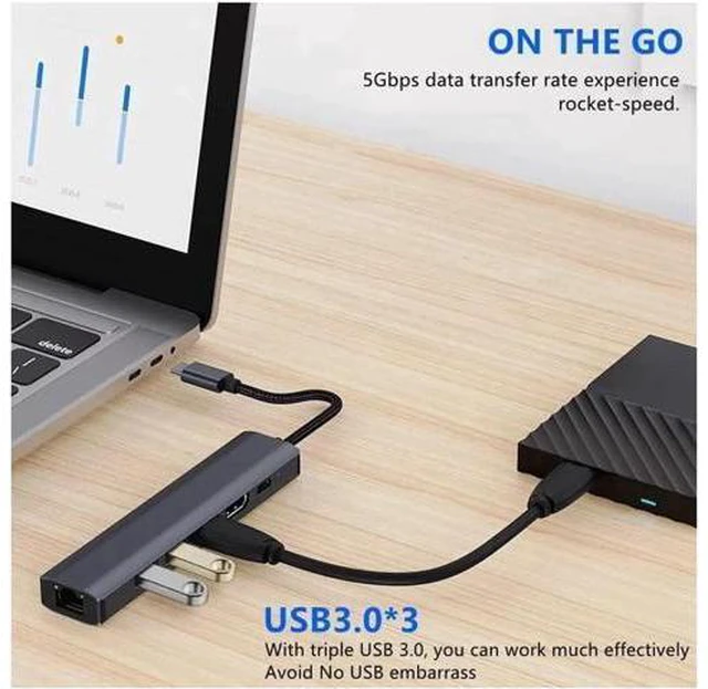 Alt view image 2 of 7 - USB-C to Ethernet Hub Adapter, Portable 6 in 1 Multiport Hub with 4K HDMI, 3*USB3.0, 100W PD, Gigabit Ethernet for MacBook Pro/Air 2022/2021, iMac, iPad