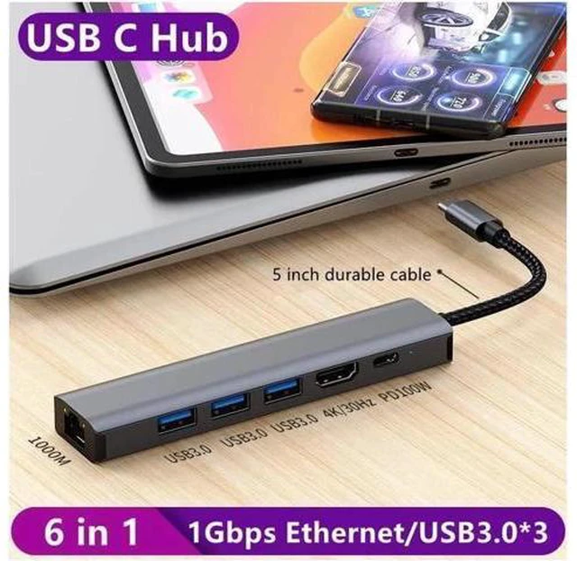 Alt view image 7 of 7 - USB-C to Ethernet Hub Adapter, Portable 6 in 1 Multiport Hub with 4K HDMI, 3*USB3.0, 100W PD, Gigabit Ethernet for MacBook Pro/Air 2022/2021, iMac, iPad