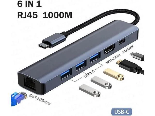 Alt view image 3 of 7 - USB-C to Ethernet Hub Adapter, Portable 6 in 1 Multiport Hub with 4K HDMI, 3*USB3.0, 100W PD, Gigabit Ethernet for MacBook Pro/Air 2022/2021, iMac, iPad