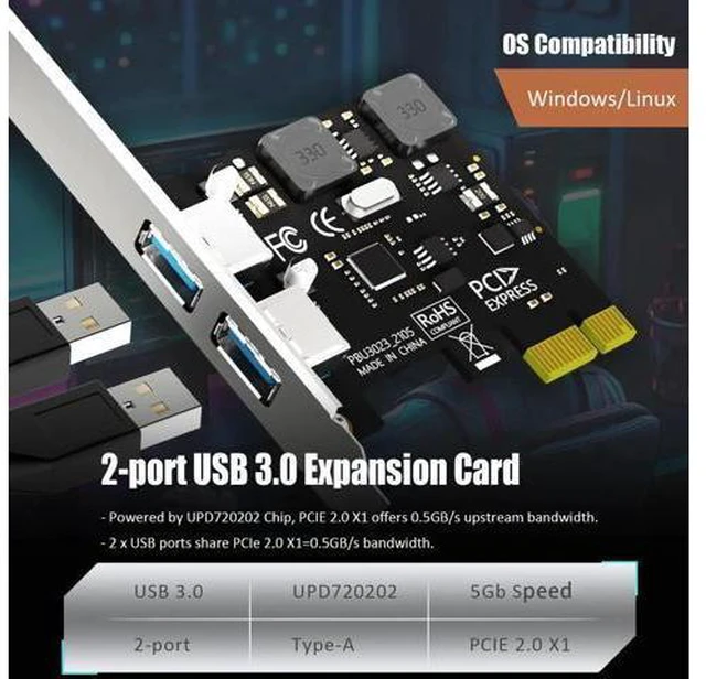 Alt view image 4 of 7 - U3023 2-Port USB 3.0 Type-A 5Gb PCIe Expansion Card for Intel, AMD, and ARM Platform, Compatible with Windows and Linux (Not Support Mac OS)