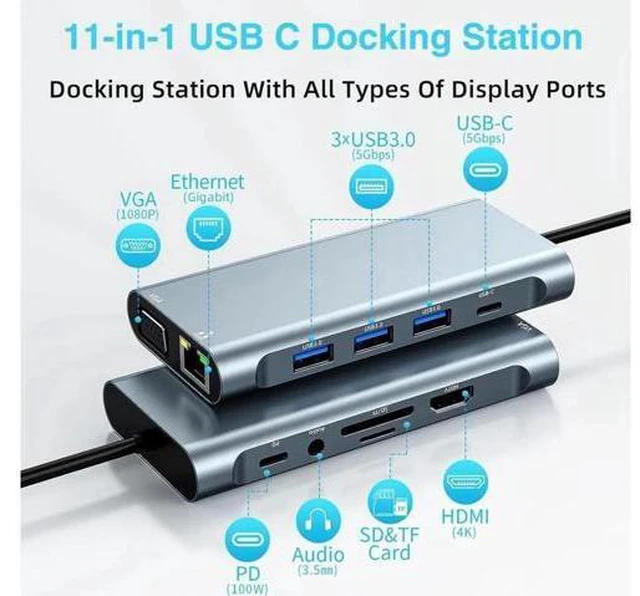 Main image of 11 in 1 USB C Hub Docking Station with 4K HDMI VGA 1000Mbps RJ45 USB-C 3*USB 3.0 Ports 100W USB-C PD 3.5mm Aux Ports for MacBook/Laptops and More Devices HDD Printer Mouse Keyboard