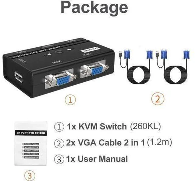 Alt view image 3 of 7 - USB VGA KVM Switch 2 Ports w/Cables & 3 USB Hubs, 260KL 1080P KVM Switches Two Computers Share 1 Set of Monitor Keyboard Mouse Printer/U Disk