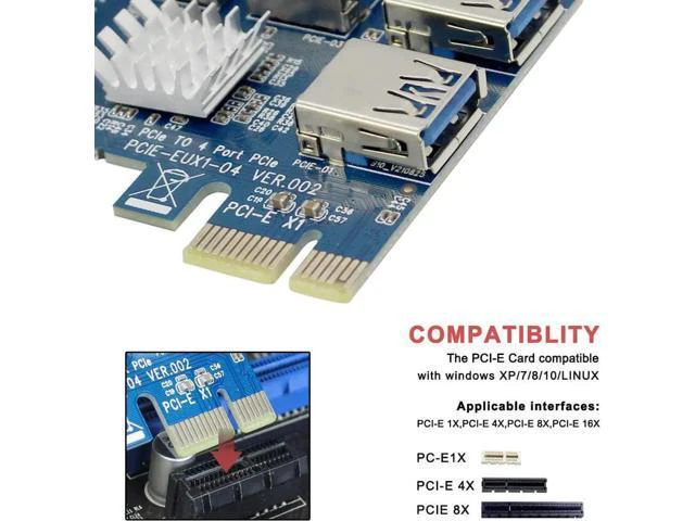 Alt view image 6 of 7 - BGNing 1 to 4 PCI Express 16X Slots Riser Card PCI-E 1X to External 4 PCI-E Slot Adapter PCIe Multiplier Card USB 3.0 Mining Special Riser Card for Bitcoin Miner