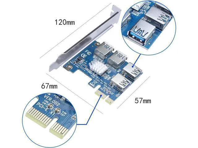 Alt view image 7 of 7 - BGNing 1 to 4 PCI Express 16X Slots Riser Card PCI-E 1X to External 4 PCI-E Slot Adapter PCIe Multiplier Card USB 3.0 Mining Special Riser Card for Bitcoin Miner