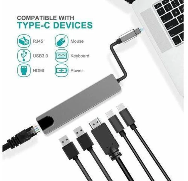 Alt view image 2 of 7 - USB Type C Hub Adapter Dock with 4K HDMI PD RJ45 Ethernet Lan Charge for MacBook