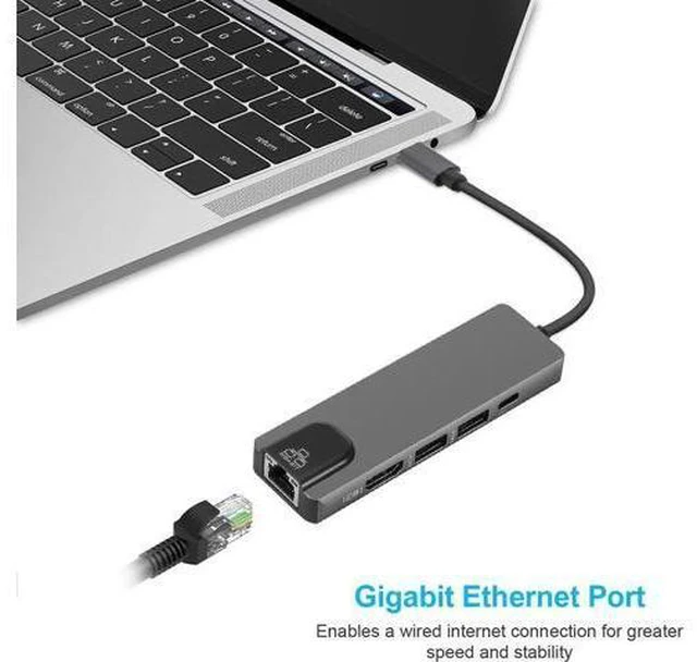 Alt view image 2 of 7 - USB C Hub, 5-in-1 USB C Adapter, with 4K HDMI, 100W Power Delivery, 2 USB 3.0 Ports, Gigabit Ethernet for MacBook Pro 2020/2019/2018, iPad Pro 2020/2019, Pixelbook, XPS, and More