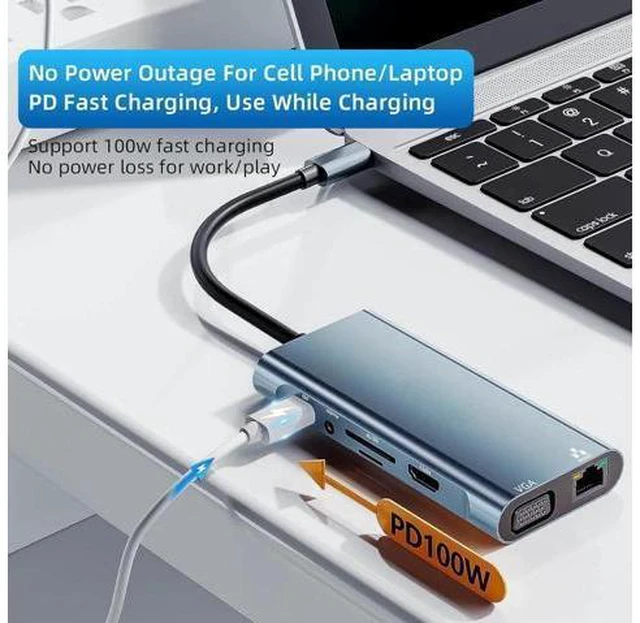 Main image of USB Splitter Docking Station, 11 in 1 Multiport USB C Adapter with 4K HDMI, VGA, Gigabit Ethernet, USB C, 3*USB 3.0 Ports, 100W PD, 3.5mm Audio Compatible for MacBook, Pad Pro, Laptop, PC
