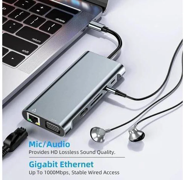 Alt view image 2 of 7 - USB Splitter Docking Station, 11 in 1 Multiport USB C Adapter with 4K HDMI, VGA, Gigabit Ethernet, USB C, 3*USB 3.0 Ports, 100W PD, 3.5mm Audio Compatible for MacBook, Pad Pro, Laptop, PC
