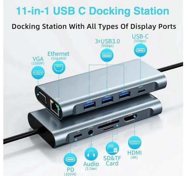 Alt view image 3 of 7 - USB Splitter Docking Station, 11 in 1 Multiport USB C Adapter with 4K HDMI, VGA, Gigabit Ethernet, USB C, 3*USB 3.0 Ports, 100W PD, 3.5mm Audio Compatible for MacBook, Pad Pro, Laptop, PC