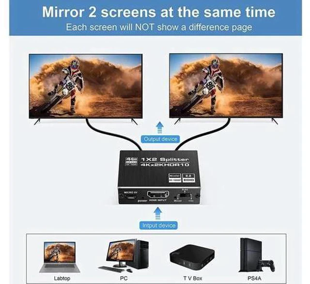 Alt view image 2 of 7 - 4K x 2K@60Hz HDMI Splitter 1 in 2 Out 4K @ 60Hz 1x2 Powered HDMI Splitter Duplicate Mirror with EDID Support HDCP 2.2 HDR (1 Source to 2 Displays)