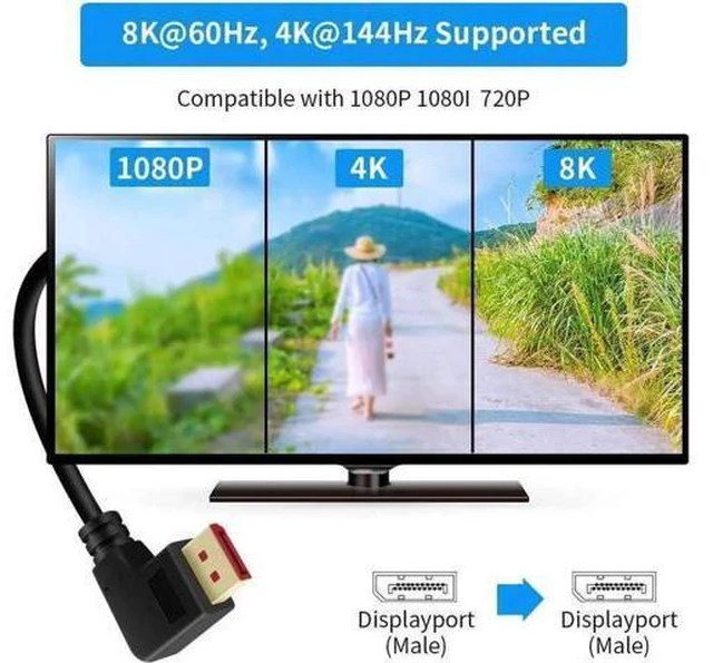 Alt view image 3 of 6 - Right Angle Displayport 1.4 Cable Left Angled Displayport Cable, 90-Degree Angled Displayport Cable V1.4 6FT/1.8M up to 8K/60Hz, 4K/144Hz Supported