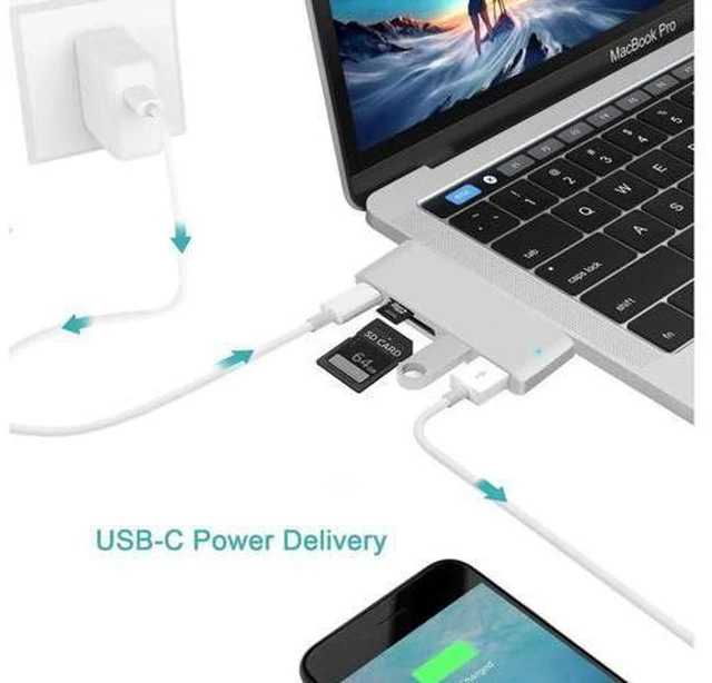 Alt view image 2 of 7 - USB C Hub Adapter. 5 in 1 Type-C Adapter with Aluminum Shell, SD + Micro SD Card Reader + 2 USB 3.0Port + USB-C Power Delivery Port for MacBook Chromebook Pixel Surface Pro -Silver
