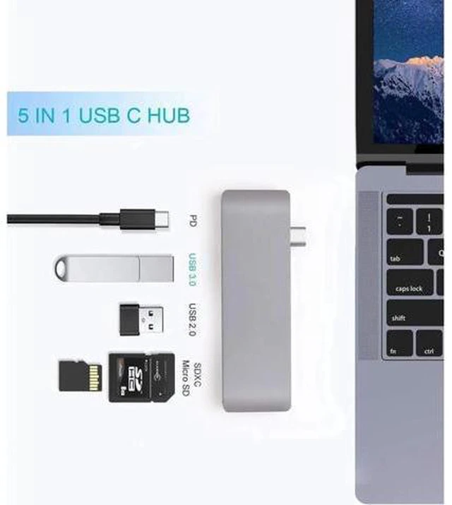 Alt view image 3 of 7 - USB C Hub Adapter. 5 in 1 Type-C Adapter with Aluminum Shell, SD + Micro SD Card Reader + 2 USB 3.0Port + USB-C Power Delivery Port for MacBook Chromebook Pixel Surface Pro -Silver