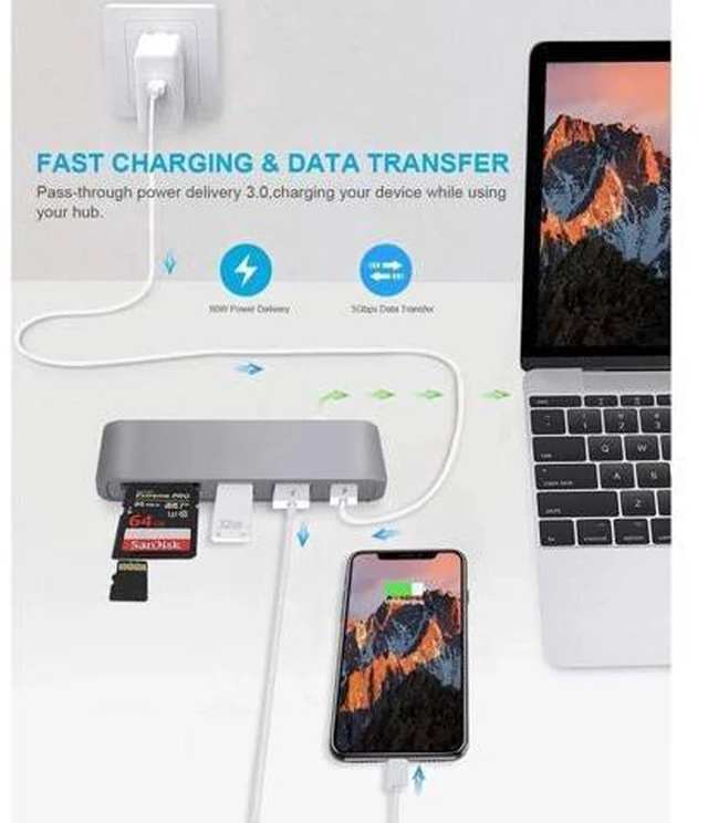 Alt view image 5 of 7 - USB C Hub Adapter. 5 in 1 Type-C Adapter with Aluminum Shell, SD + Micro SD Card Reader + 2 USB 3.0Port + USB-C Power Delivery Port for MacBook Chromebook Pixel Surface Pro -Silver