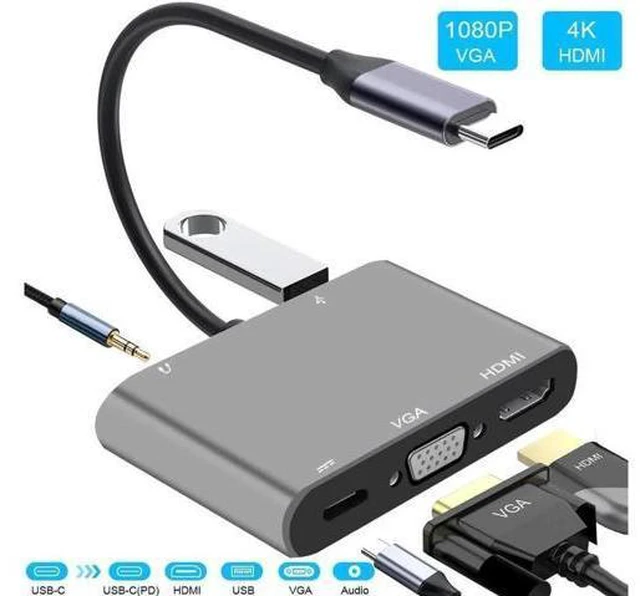 Main image of USB C to HDMI VGA Adapter, 5-in-1 Type-c Hub with 4K HDMI,1080P VGA,USB 3.0, 3.5mm Audio Port, 60W USB C PD Charging Compatible for MacBook Pro/iPad Pro 2018/ Samsung Galaxy/Dell XPS