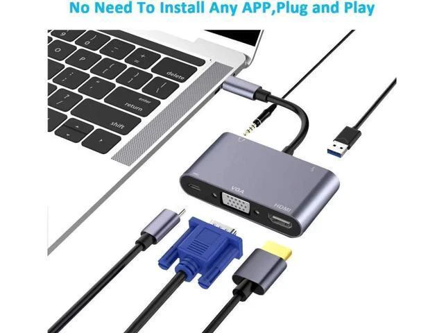 Alt view image 3 of 7 - USB C to HDMI VGA Adapter, 5-in-1 Type-c Hub with 4K HDMI,1080P VGA,USB 3.0, 3.5mm Audio Port, 60W USB C PD Charging Compatible for MacBook Pro/iPad Pro 2018/ Samsung Galaxy/Dell XPS