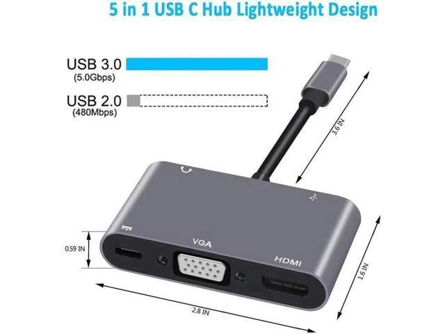 Alt view image 4 of 7 - USB C to HDMI VGA Adapter, 5-in-1 Type-c Hub with 4K HDMI,1080P VGA,USB 3.0, 3.5mm Audio Port, 60W USB C PD Charging Compatible for MacBook Pro/iPad Pro 2018/ Samsung Galaxy/Dell XPS