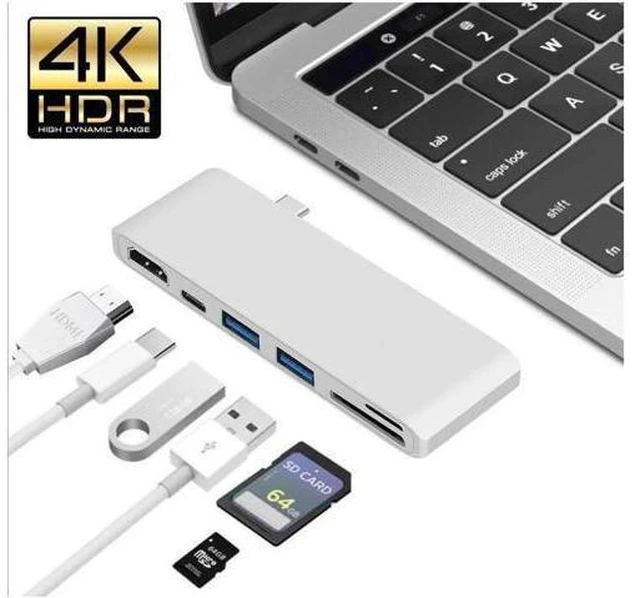 Main image of USB C Hub 6-in1 USB C Docking Station with HDMI 4K Type C Power Delivery,2 USB 3.0 Ports SDMicro Card Reader Compatible with MacBook Pro 2017/2016 13/15inch,MacBook 2018 13 inch - Silver