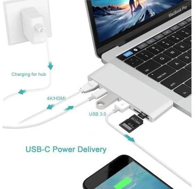 Alt view image 2 of 7 - USB C Hub 6-in1 USB C Docking Station with HDMI 4K Type C Power Delivery,2 USB 3.0 Ports SDMicro Card Reader Compatible with MacBook Pro 2017/2016 13/15inch,MacBook 2018 13 inch - Silver