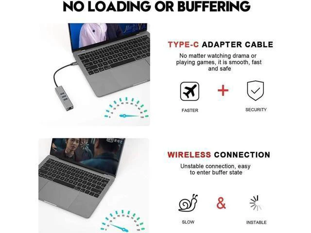 Alt view image 2 of 7 - USB-c hub, Type C to Gigabit Ethernet and 3 USB 3.0 adapters, Aluminum Portable hub, RJ45 Gigabit Ethernet Network Adapter, Converter, hub, for 10 / 100 / 1000 Mbps Ethernet
