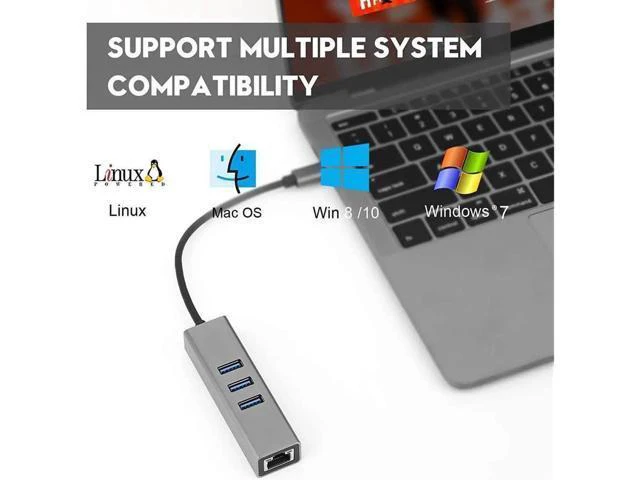 Alt view image 6 of 7 - USB-c hub, Type C to Gigabit Ethernet and 3 USB 3.0 adapters, Aluminum Portable hub, RJ45 Gigabit Ethernet Network Adapter, Converter, hub, for 10 / 100 / 1000 Mbps Ethernet
