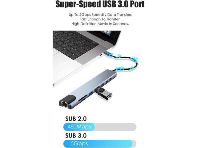 Alt view image 2 of 7 - USB C Hub 8-in-1 Type C Adapter with RJ45 Ethernet, 4K HDMI,USB3.0, USB2.0, 87W PD,USB-C Data Port and SD/TF Card Reader Docking Station Compatible with MacBook and All USB-C Laptops