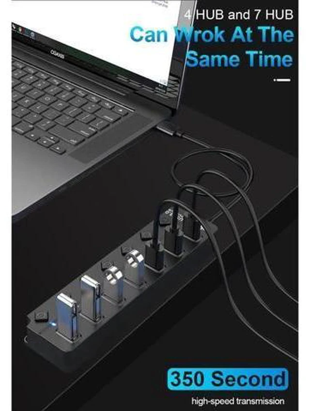 Alt view image 6 of 7 - Powered USB Hub 3.0, 7-Port USB Data Hub Splitter with Individual On/Off Switches and 5V DC Power Adapter USB Extension for MacBook, Mac Pro/Mini and More