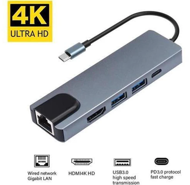 Main image of USB C Hub with HDMI, 5 in 1 Type C Adapter with 2 USB 3.0 Ports, Gigabit Ethernet, 4K HDMI, Type- C 100W PD, Aluminum USB C Adapter Compatible MacBook Pro, Surface Go and Other Type-C Devices