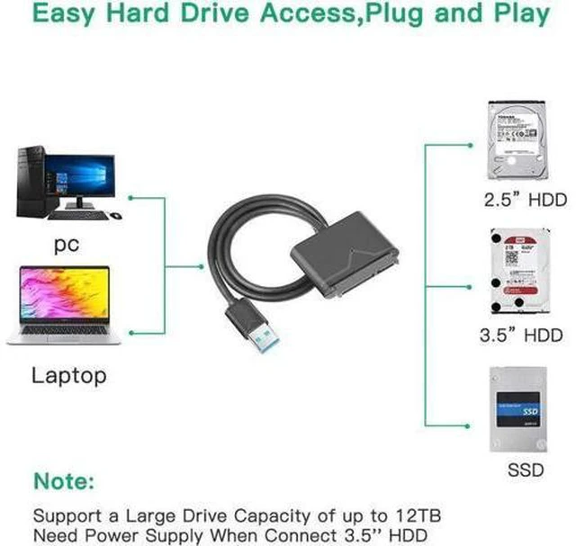 Alt view image 2 of 7 - USB 3.0 to SATA Converter External Hard Drive Adapter Kit for Universal 2.5/3.5 HDD/SSD Hard Drive Disk, Included 12V/2A (UT-3112)