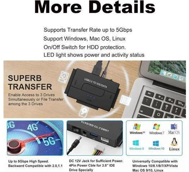 Alt view image 5 of 7 - USB 3.0 to IDE and SATA Converter External Hard Drive Adapter Kit for 2.5"/3.5" SSD/HDD, Support Max 6TB, Auto-Sleep Mode with 12V/2A Power Adapter