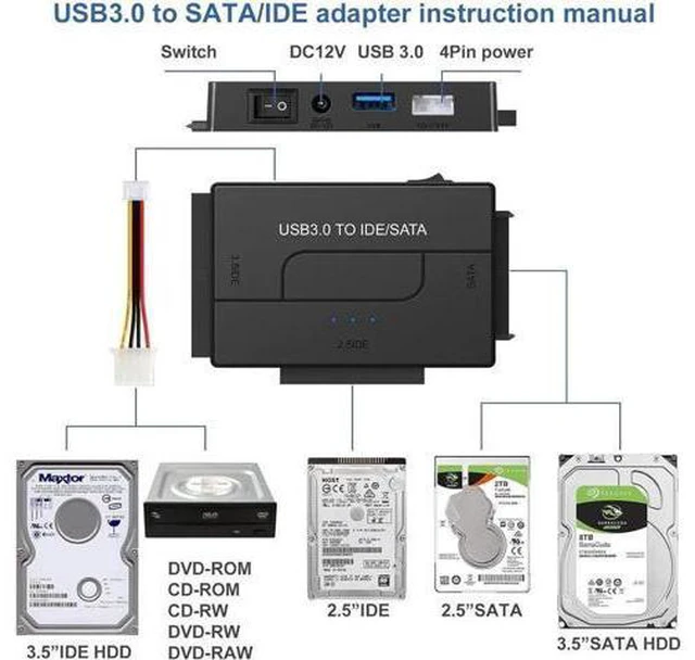 Alt view image 6 of 7 - USB 3.0 to IDE and SATA Converter External Hard Drive Adapter Kit for 2.5"/3.5" SSD/HDD, Support Max 6TB, Auto-Sleep Mode with 12V/2A Power Adapter