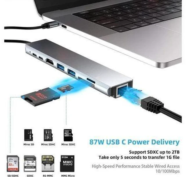 Alt view image 3 of 6 - USB C Hub Type C Adapter 8-in-1 Dock to HDMI 4K RJ45 Ethernet RJ45 PD Power Delivery Type-C Port2 USB 3.0 Ports and TF SD Card Readers for MacBook Pro 2018/2017 and More USB-C Devices